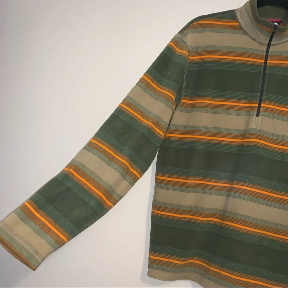 The North Face Olive Green Tan and Orange Striped Half-Zip Pullover
